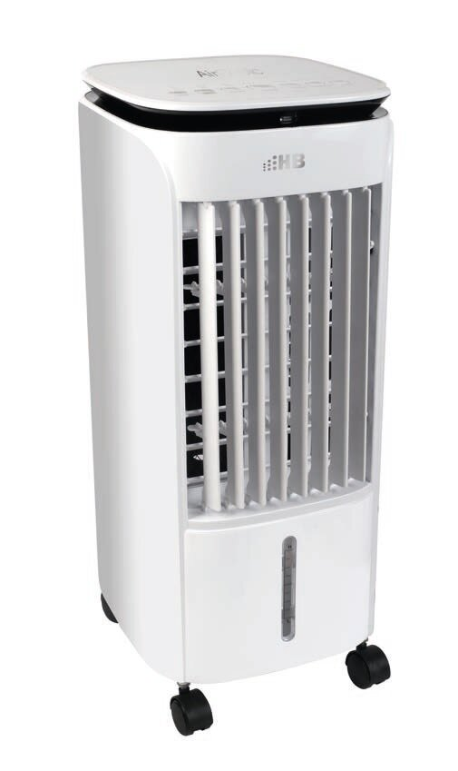 Biała chłodziarka powietrza z kontrolkami i wskaźnikiem poziomu wody, na białym tle.