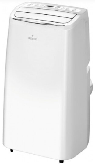 Biały przenośny klimatyzator. Góra ma elementy sterujące. Marka to Haus & Luft. Czarne nóżki, wylot powietrza z boku.