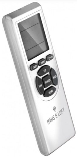 Srebrny pilot do klimatyzacji. Ma ekran, przyciski timera, ruchu, wentylatora, zasilania, trybu i ustawień temperatury.