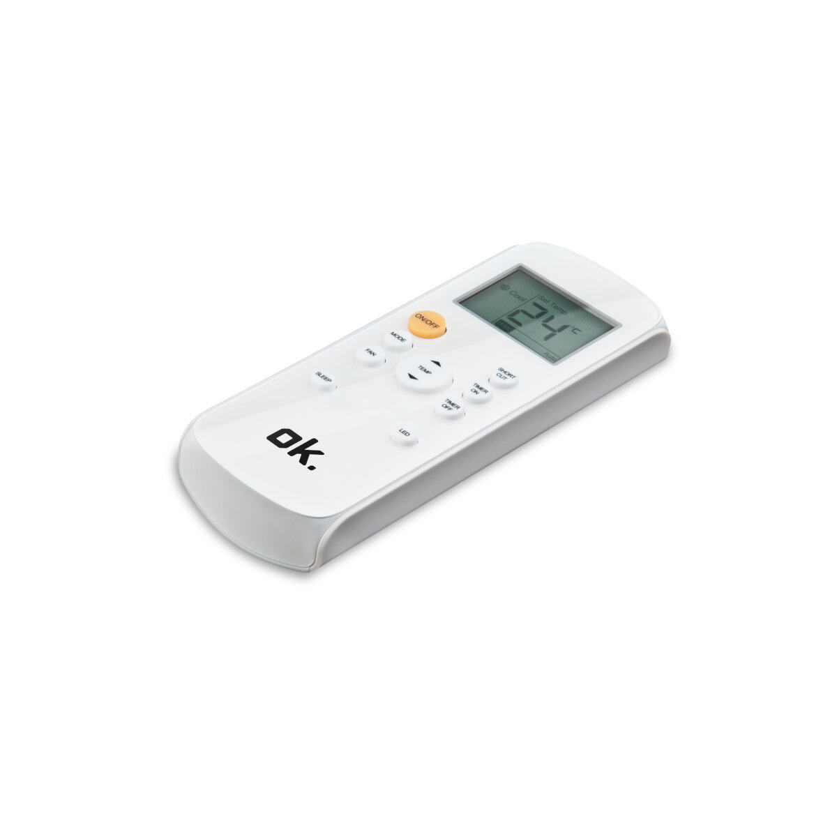 Biały pilot z przyciskami i wyświetlaczem 24°C. Pomarańczowy przycisk zasilania. Marka OK.