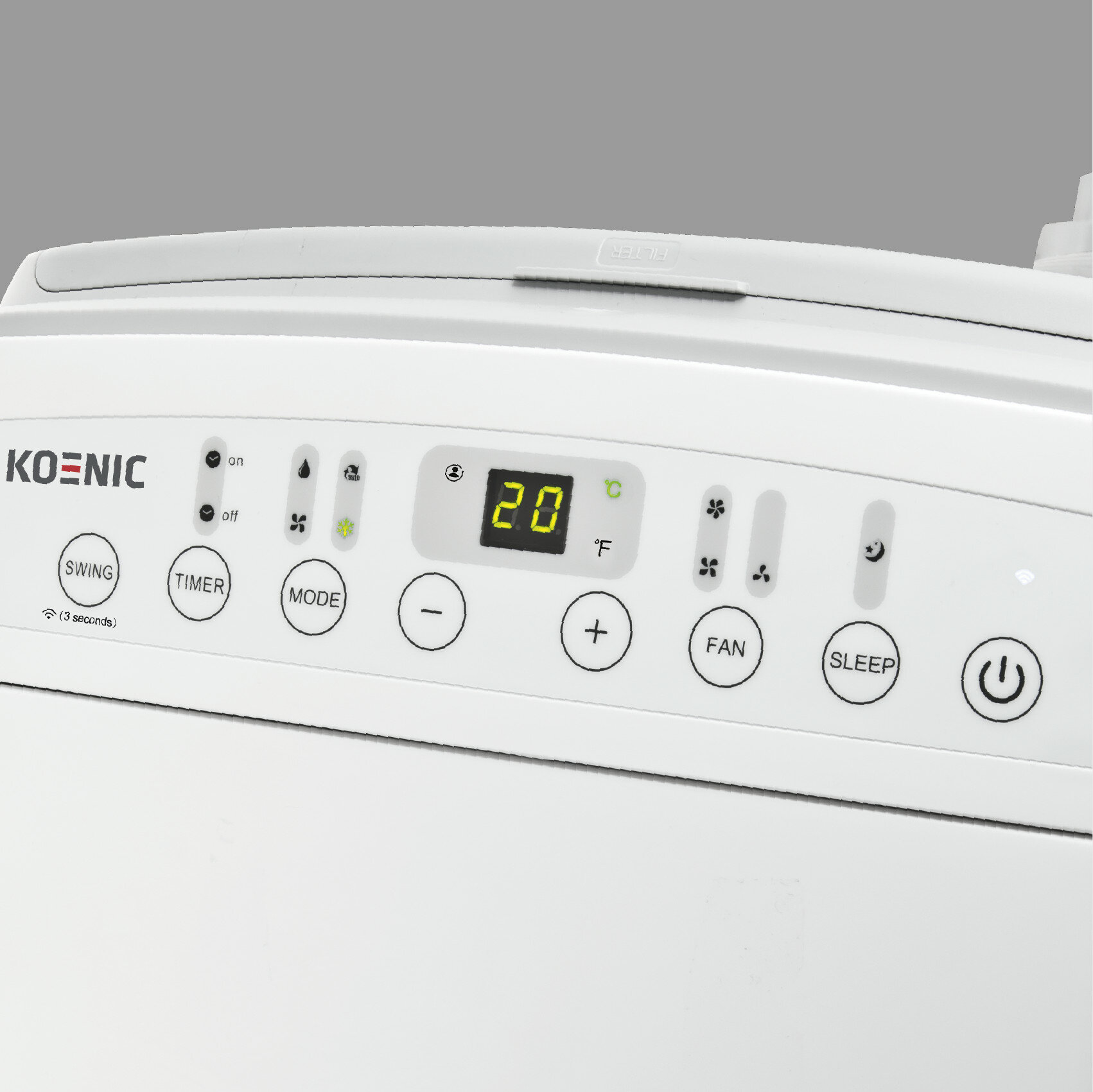 Biały panel sterowania klimatyzacją z przyciskami i wyświetlaczem cyfrowym '20'.