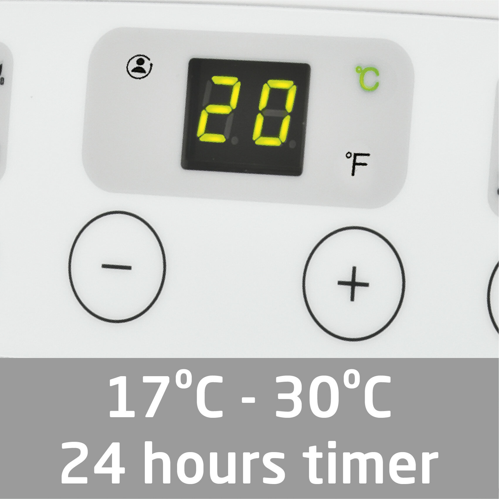 Zbliżenie białego urządzenia z cyfrowym wyświetlaczem pokazującym 20°C i przyciskami regulacji temperatury.