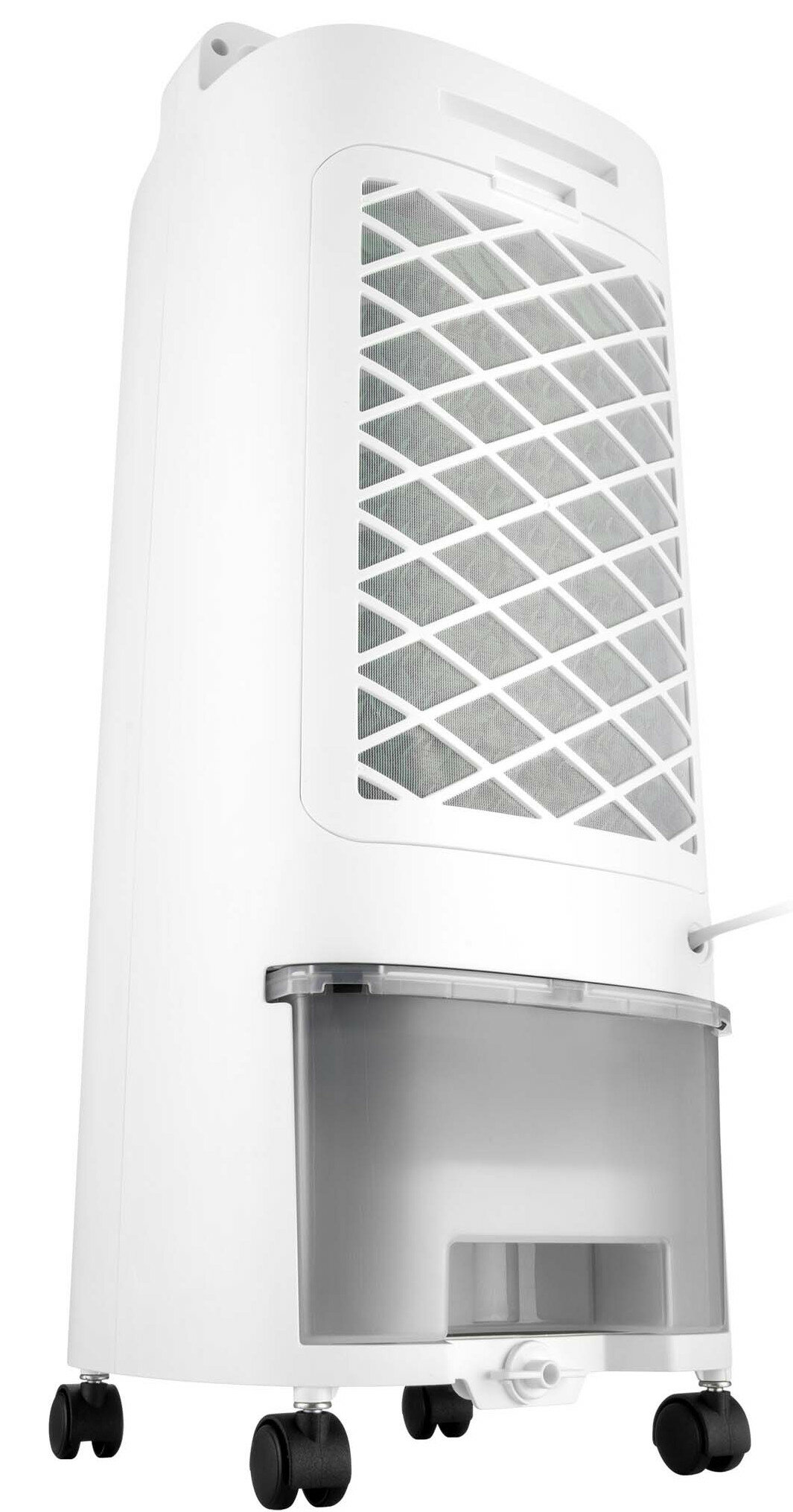 Biała chłodnica powietrza na kółkach z przezroczystym zbiornikiem na wodę.