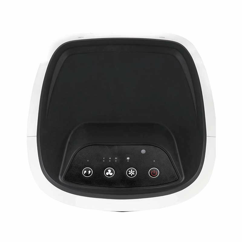 Białe urządzenie z czarnym blatem i panelem sterowania z ikonami.