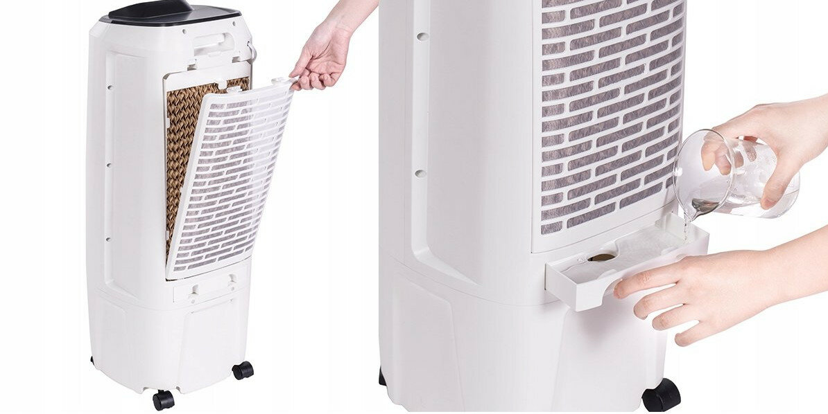 Biała chłodziarka powietrza z wyciąganym filtrem i uzupełnianiem wody.