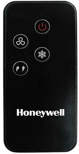 Czarny pilot Honeywell z czterema ikonami: zasilanie, wentylator, płatek śniegu, strzałki.