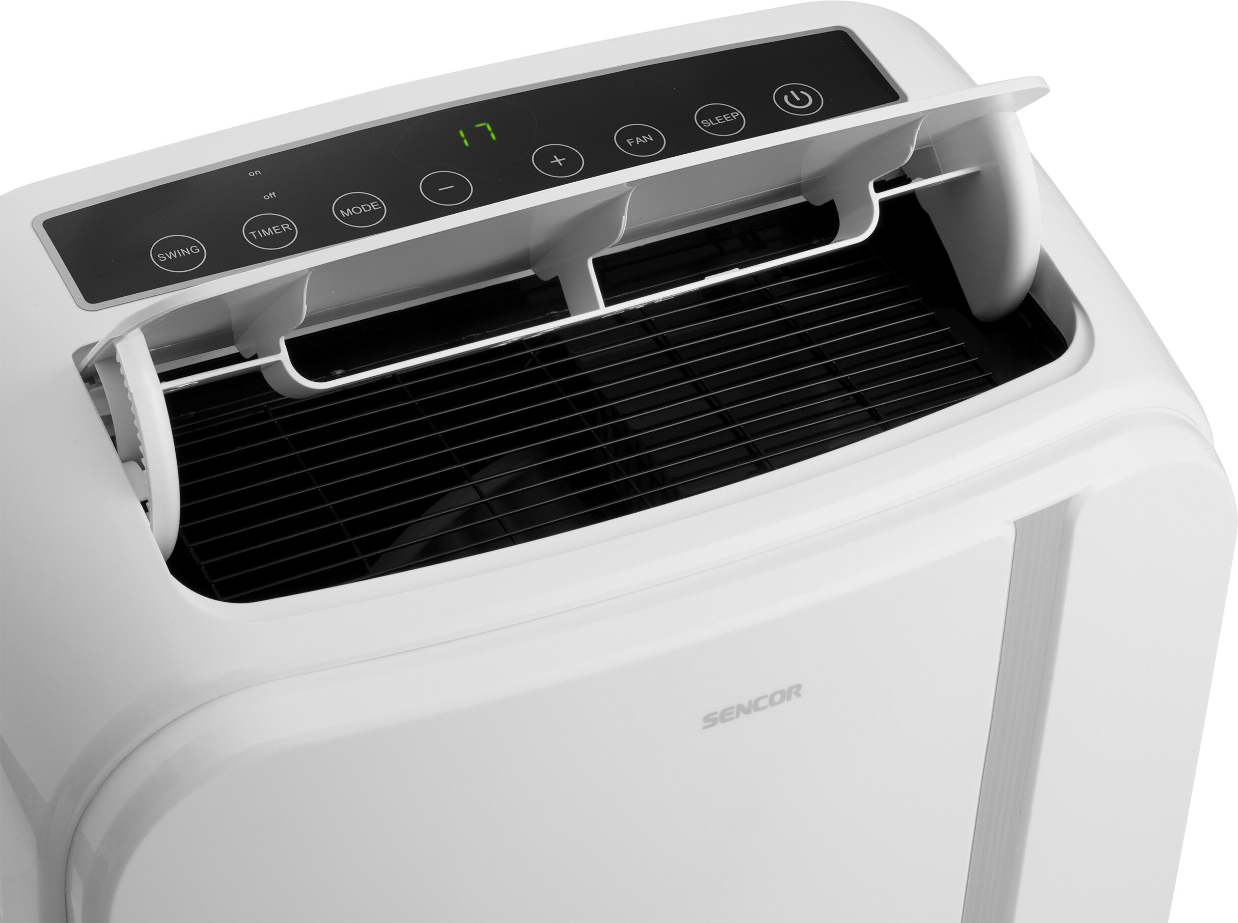 Biały klimatyzator z otwartym otworem wentylacyjnym. Sterowanie: obrót, timer, tryb, wentylator, uśpienie i zasilanie. Wyświetlacz 17.