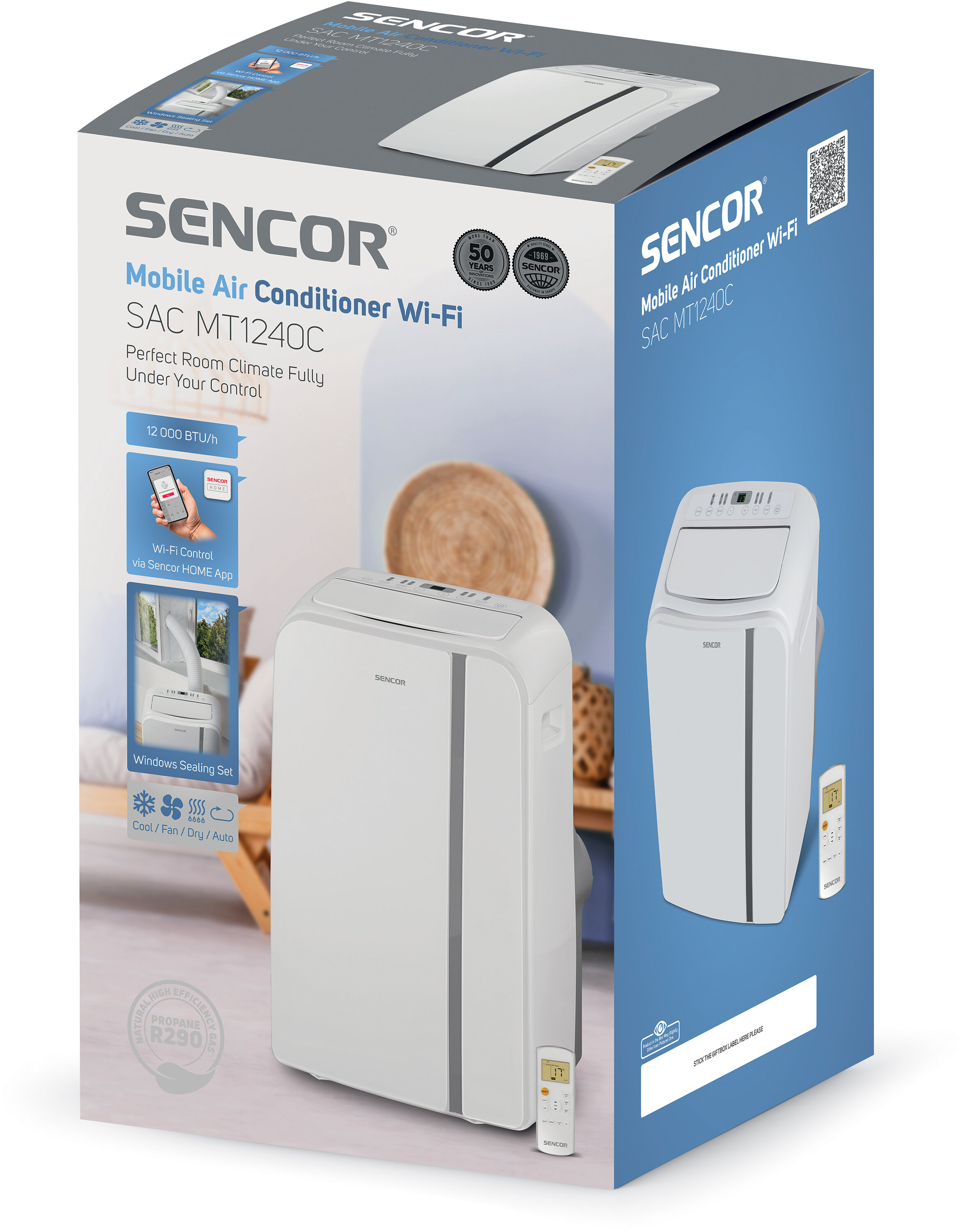 Białe pudełko klimatyzatora przenośnego SENCOR z klimatyzatorem i pilotem, na niebiesko-białym tle.