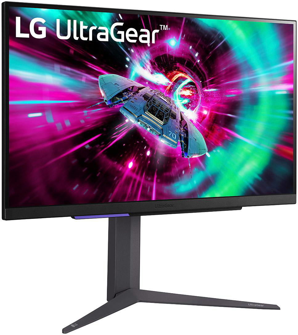 LG UltraGear Gaming-Monitor mit Raumschiff-Anzeige, schwarzer Ständer.