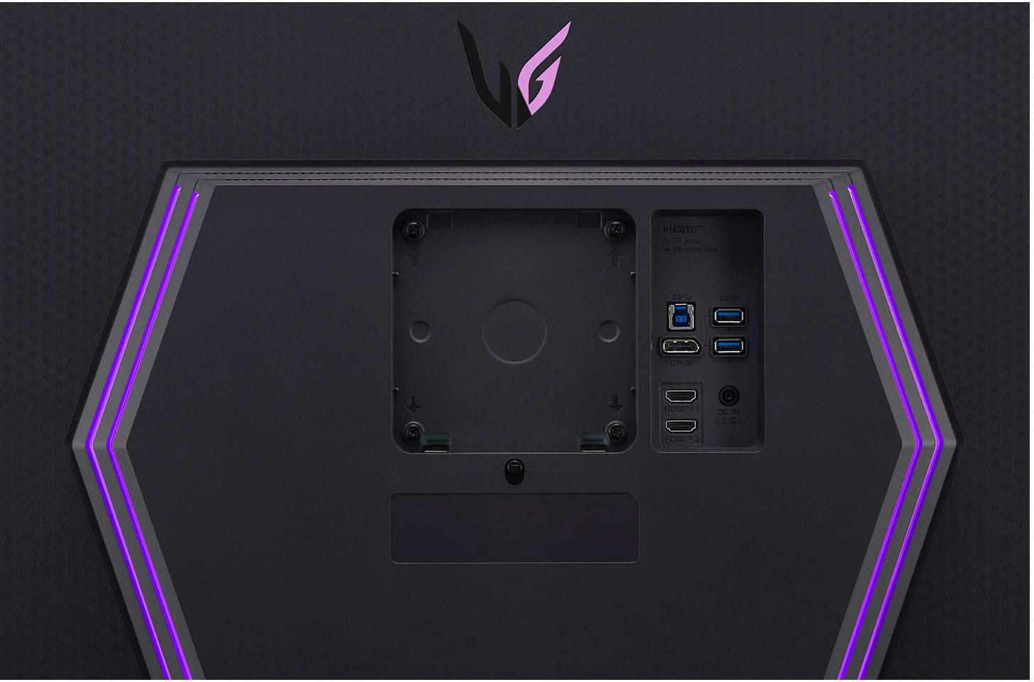 Rückseite des LG Monitors mit Anschlüssen, schwarzes und lila Design.