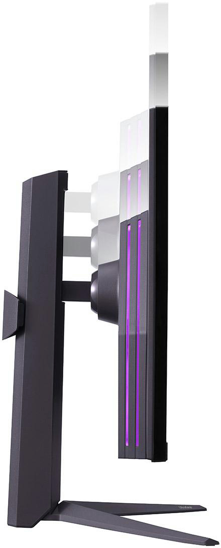 Seitenansicht eines schwarz-violetten Monitors. Hat einen Ständer und violette Lichter auf der Rückseite.