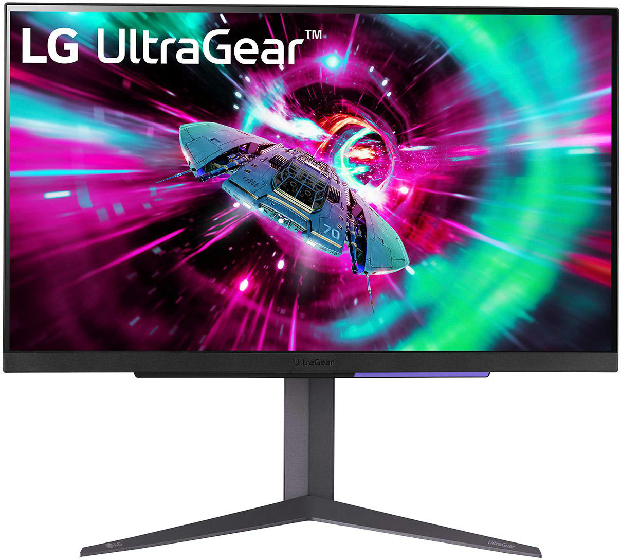 LG UltraGear Monitor, der ein Raumschiff in einer farbenfrohen Tunnelszene zeigt.