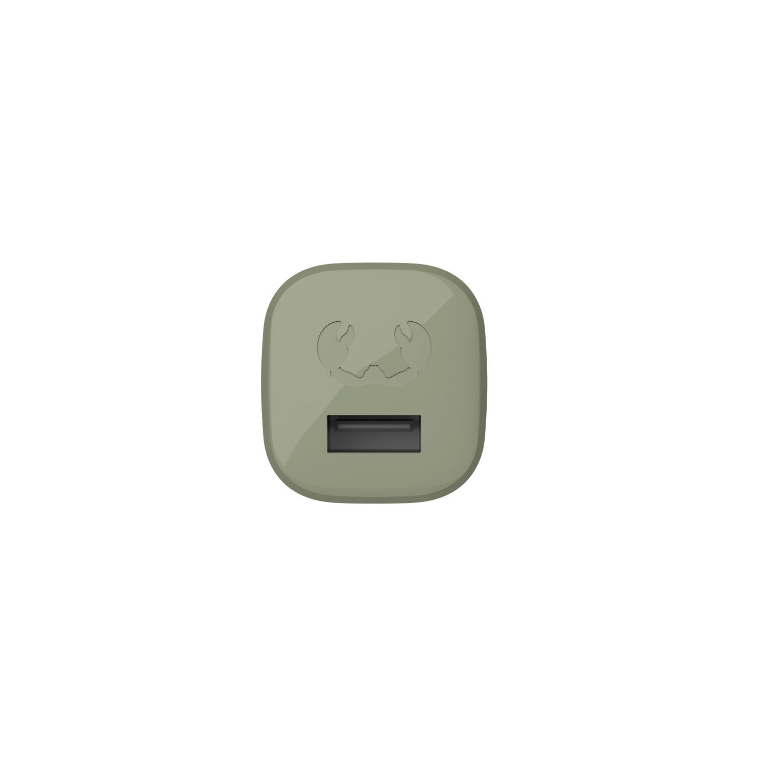 Olive green USB charger with a USB port and a logo.