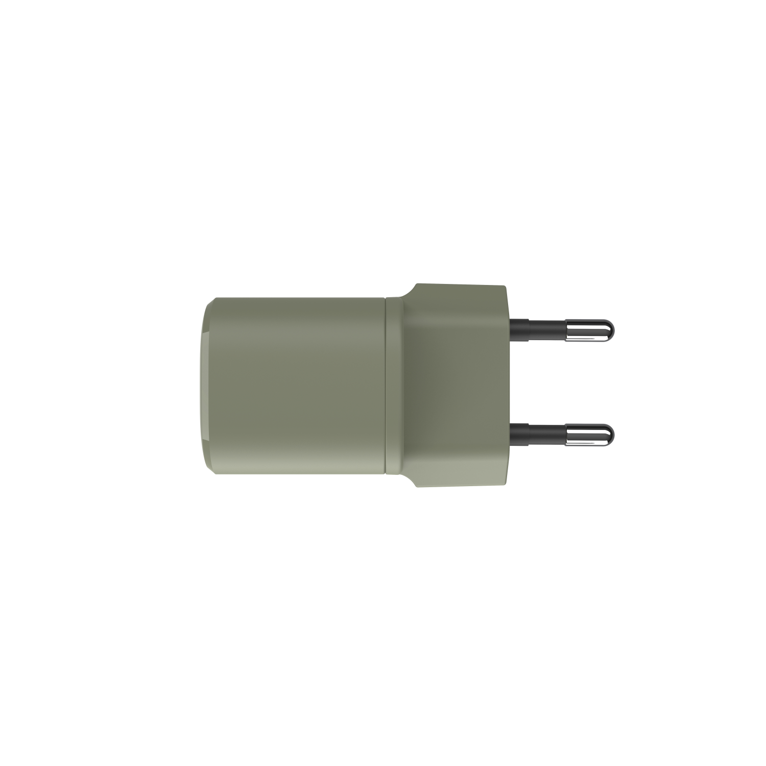 An olive-green power adapter with two prongs, viewed from above against a white background.