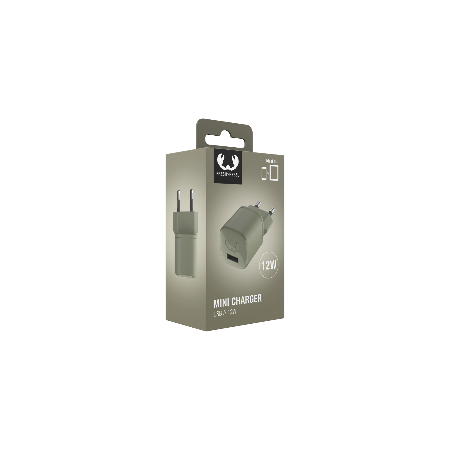 A gray and black mini USB charger in a box with the brand name and specifications.