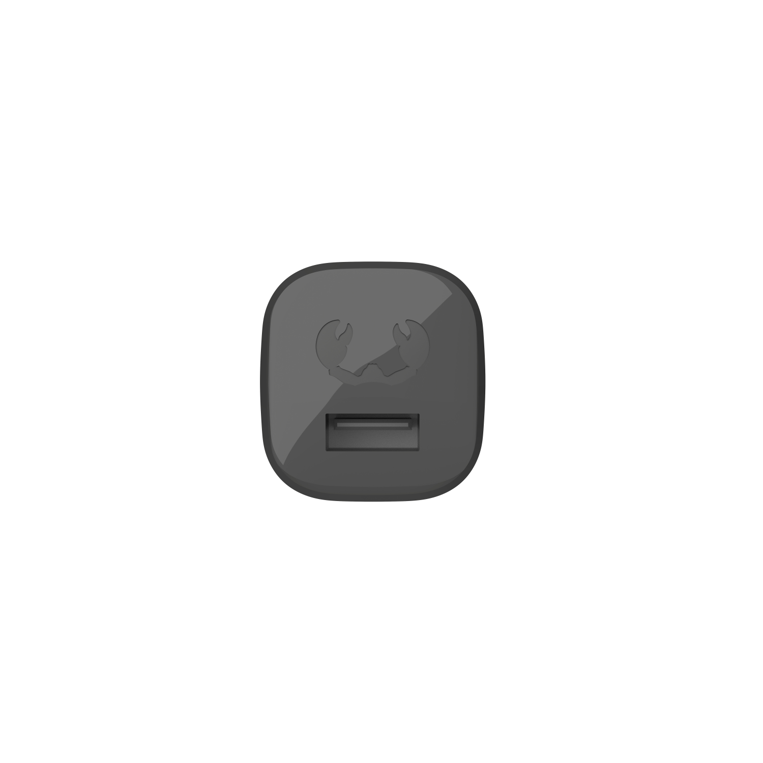 A gray USB charger with a logo and a USB port.