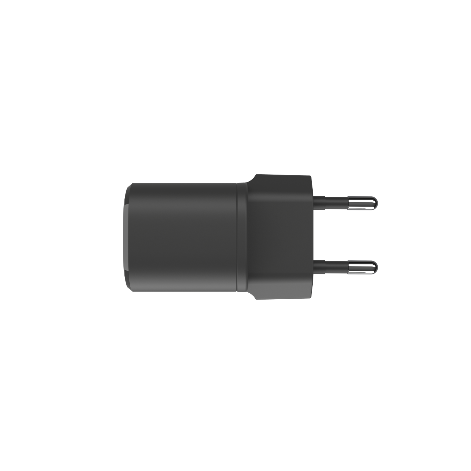 A black wall charger with two prongs for plugging into an outlet.