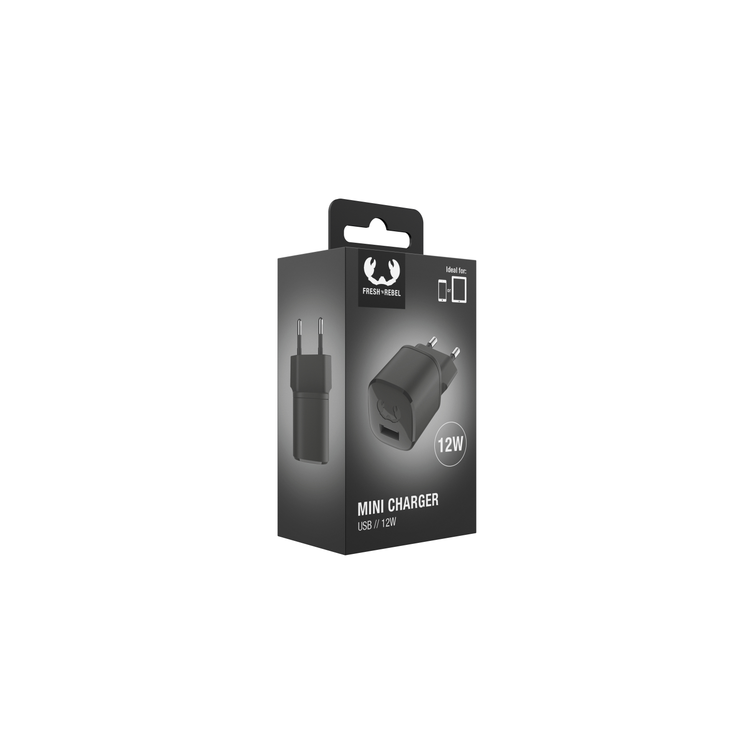 A black and gray mini charger USB // 12W in a black box with the brand name Fresh 'n Rebel.