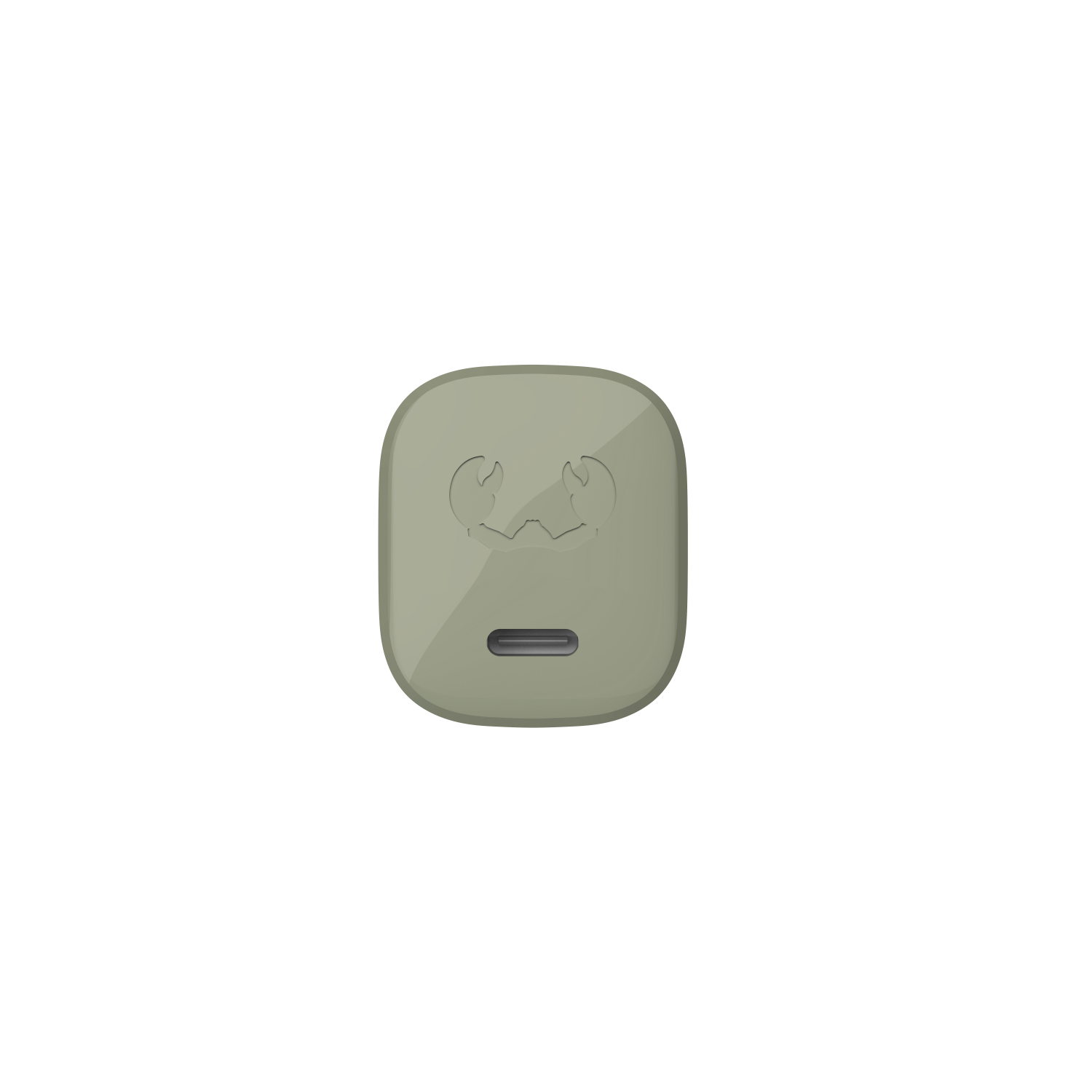 Olive green square device with a USB-C port and crab design on top.