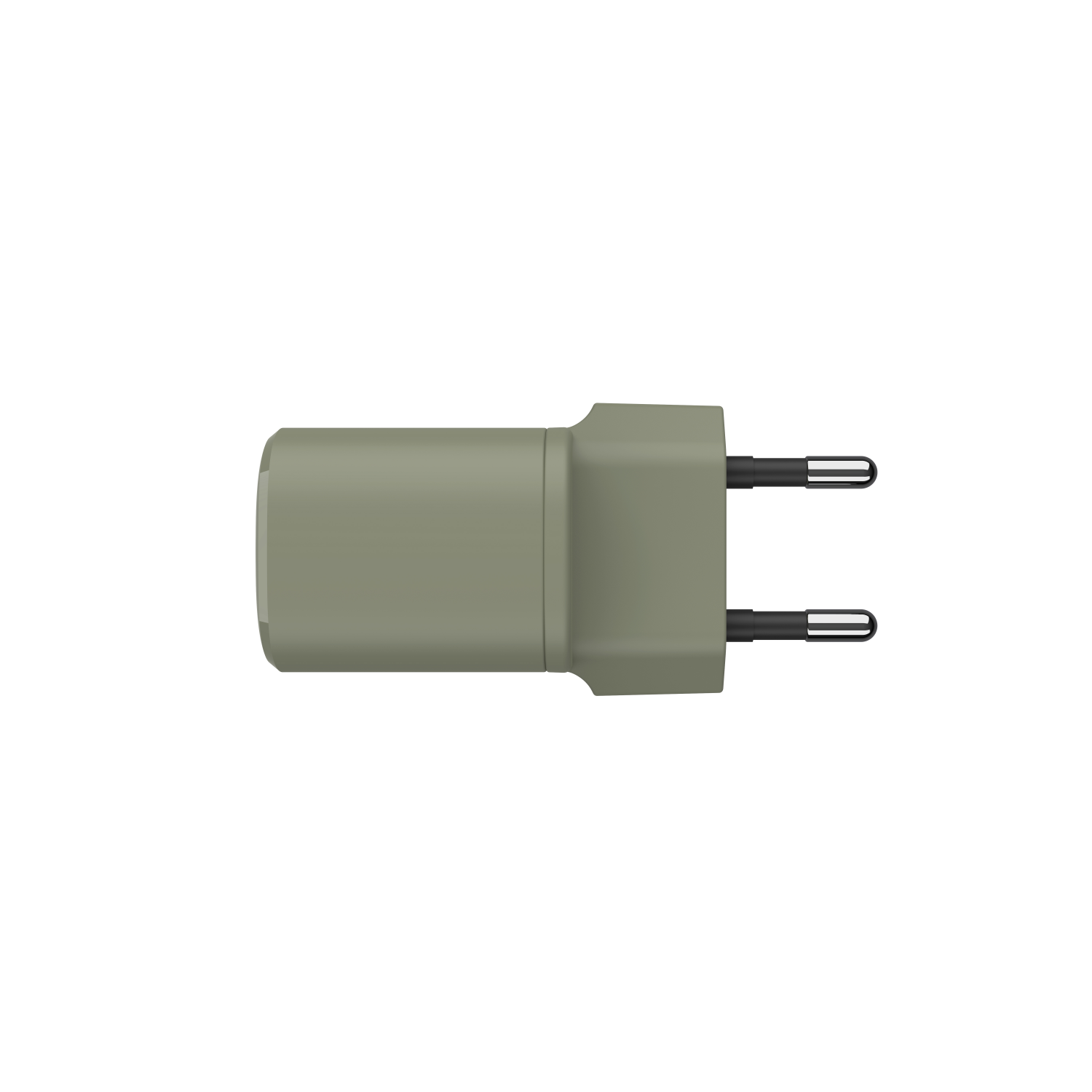 An olive-green wall charger with two prongs and a plug.