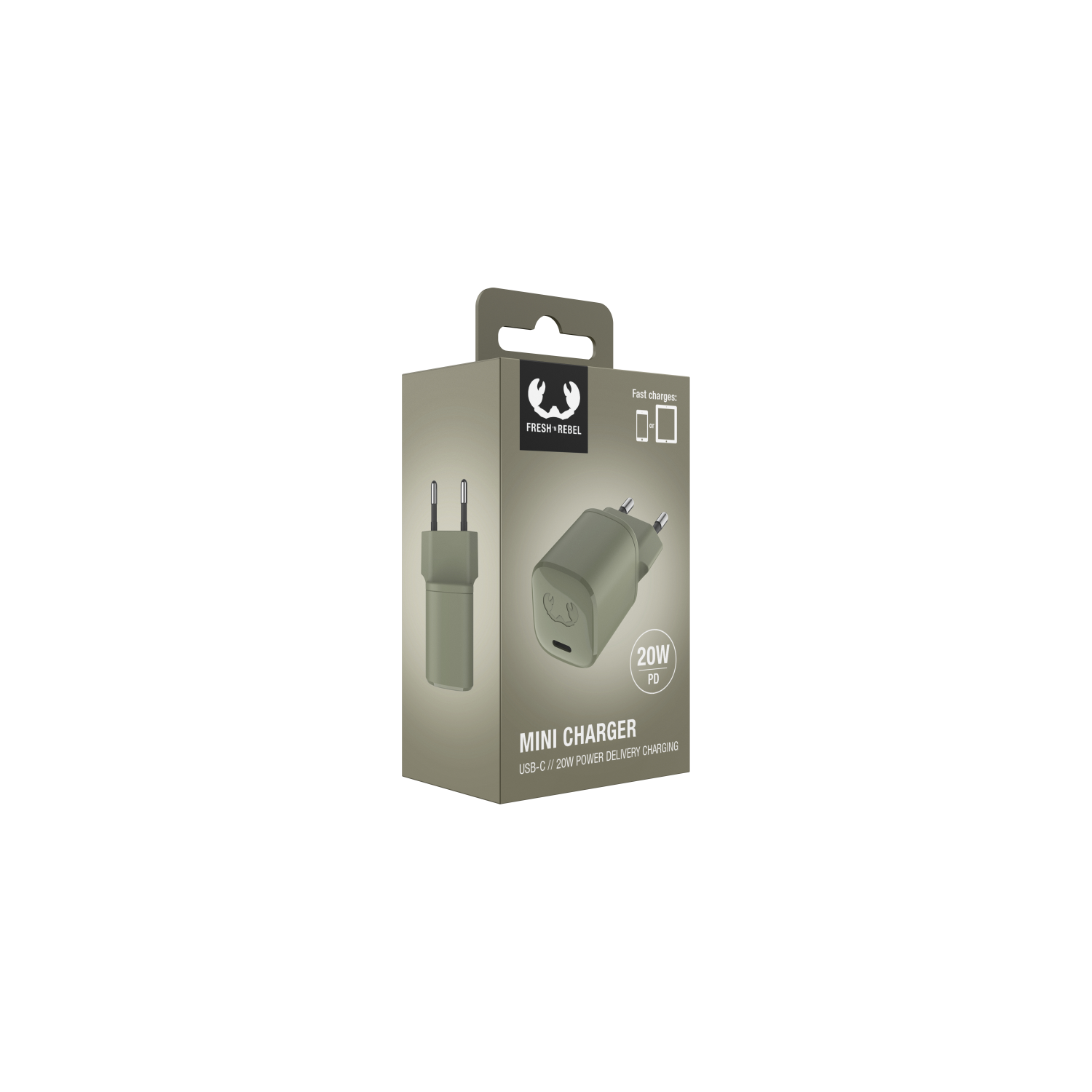 Mini charger in a box, Fresh Rebel brand, with plug details.
