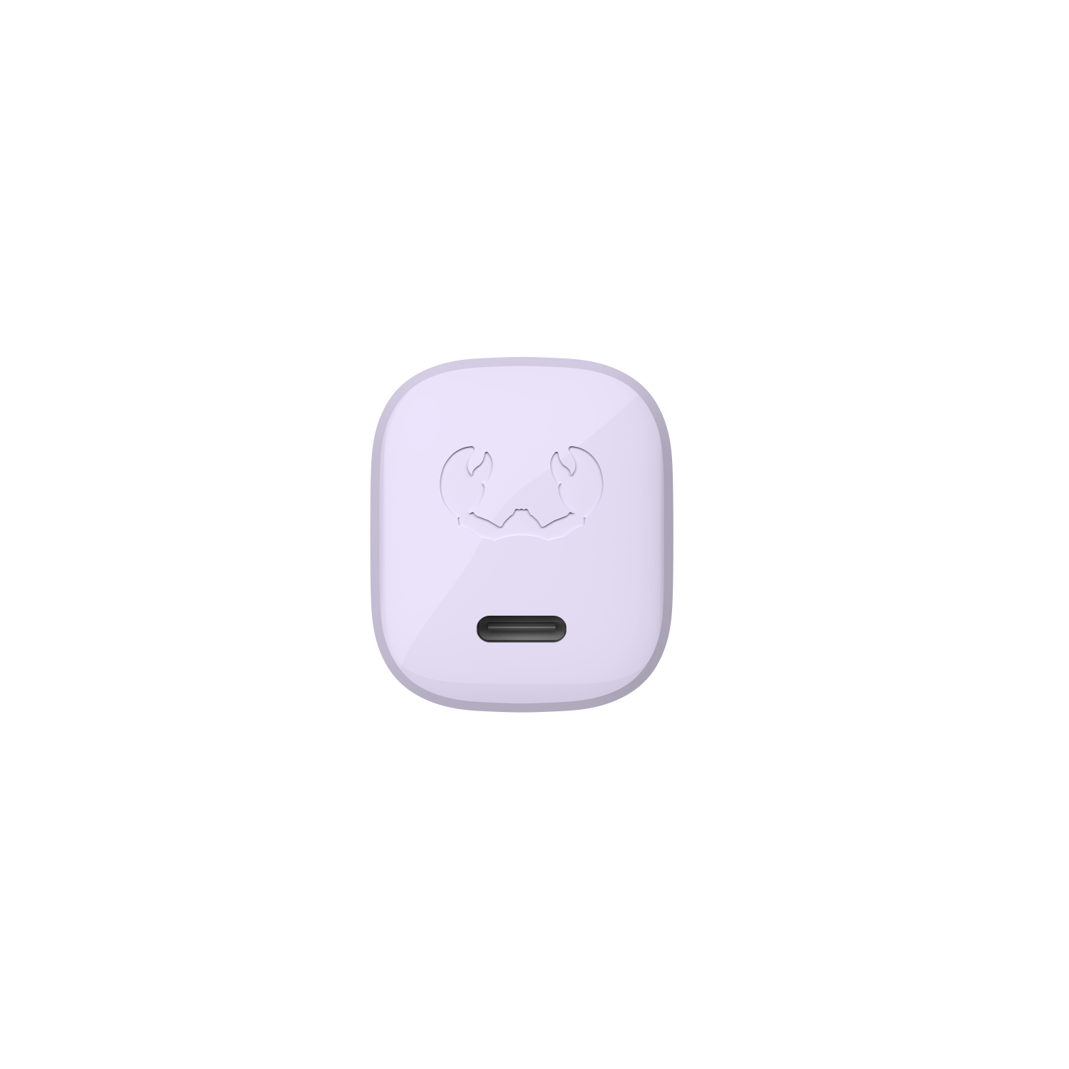 A small, light purple device with a USB-C port and a logo of two stylized leaf shapes.
