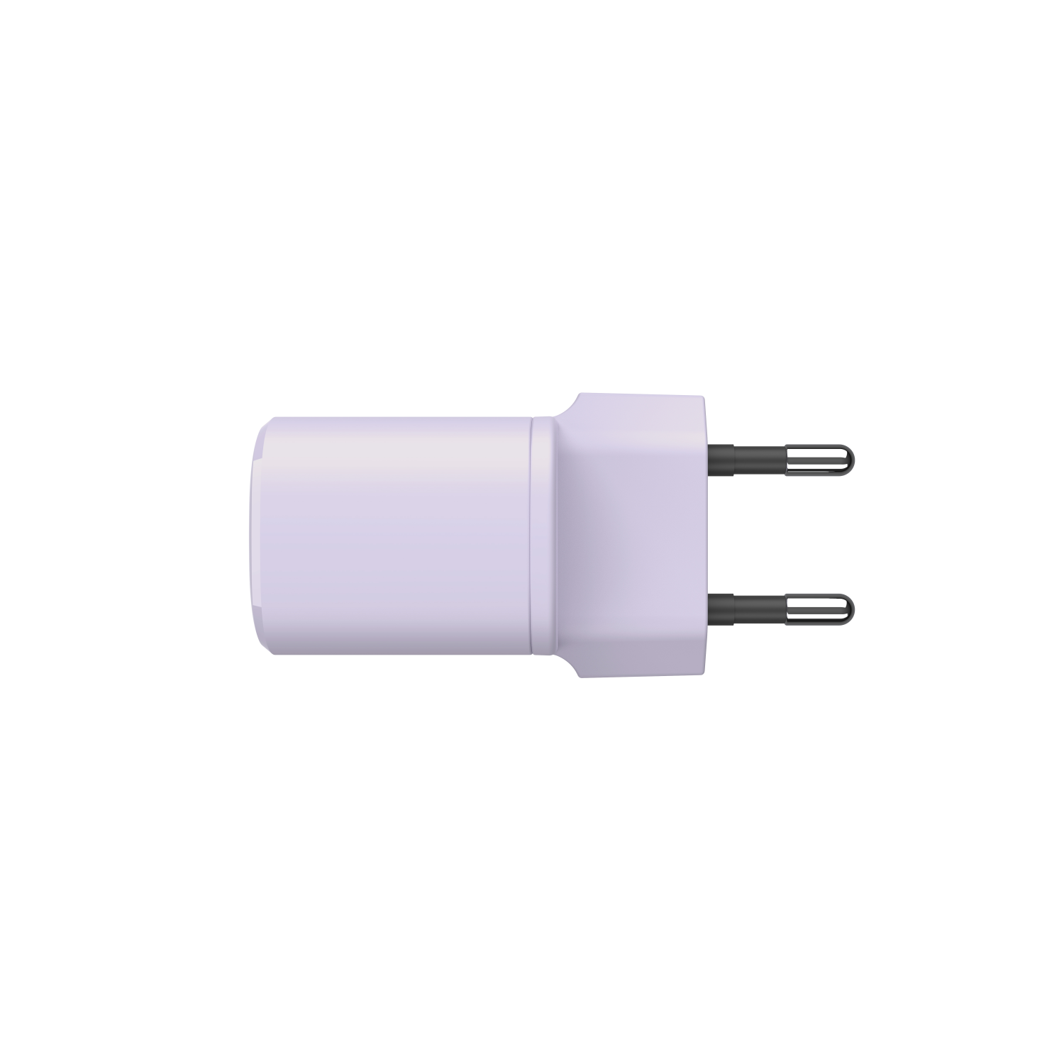White power adapter with two prongs for electrical outlets, viewed from above.