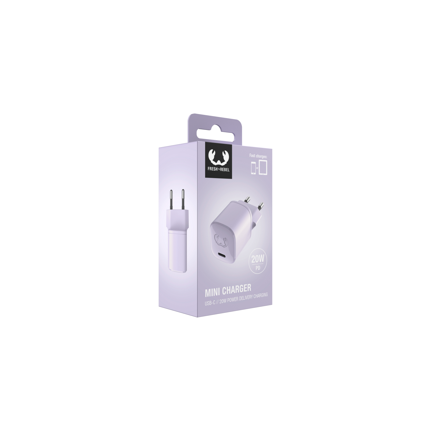 White Fresh 'n Rebel Mini Charger, packaged in a box, with a charging port.
