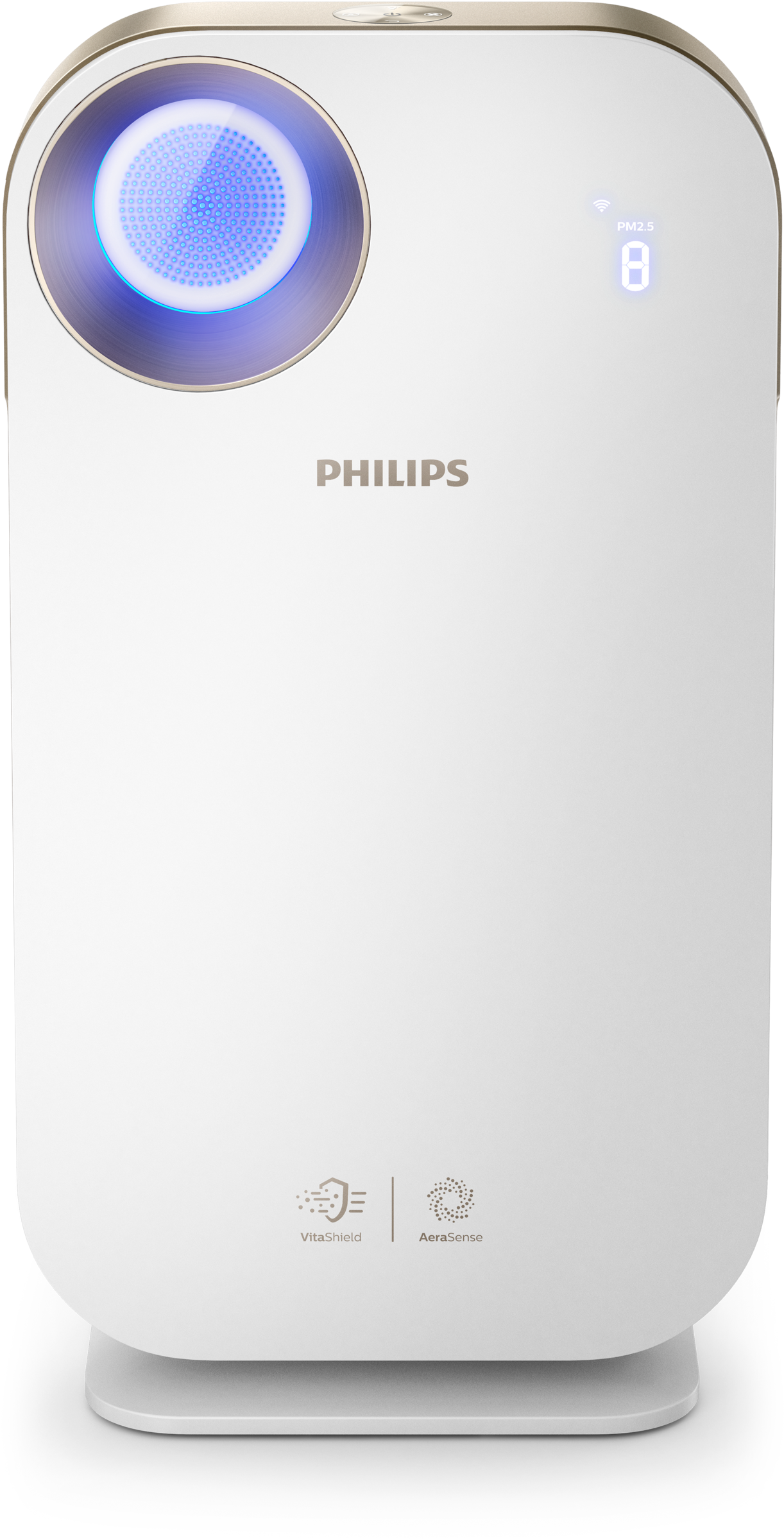 Biały oczyszczacz powietrza z logo Philips, niebieskim światłem i cyfrowym wyświetlaczem '8'.