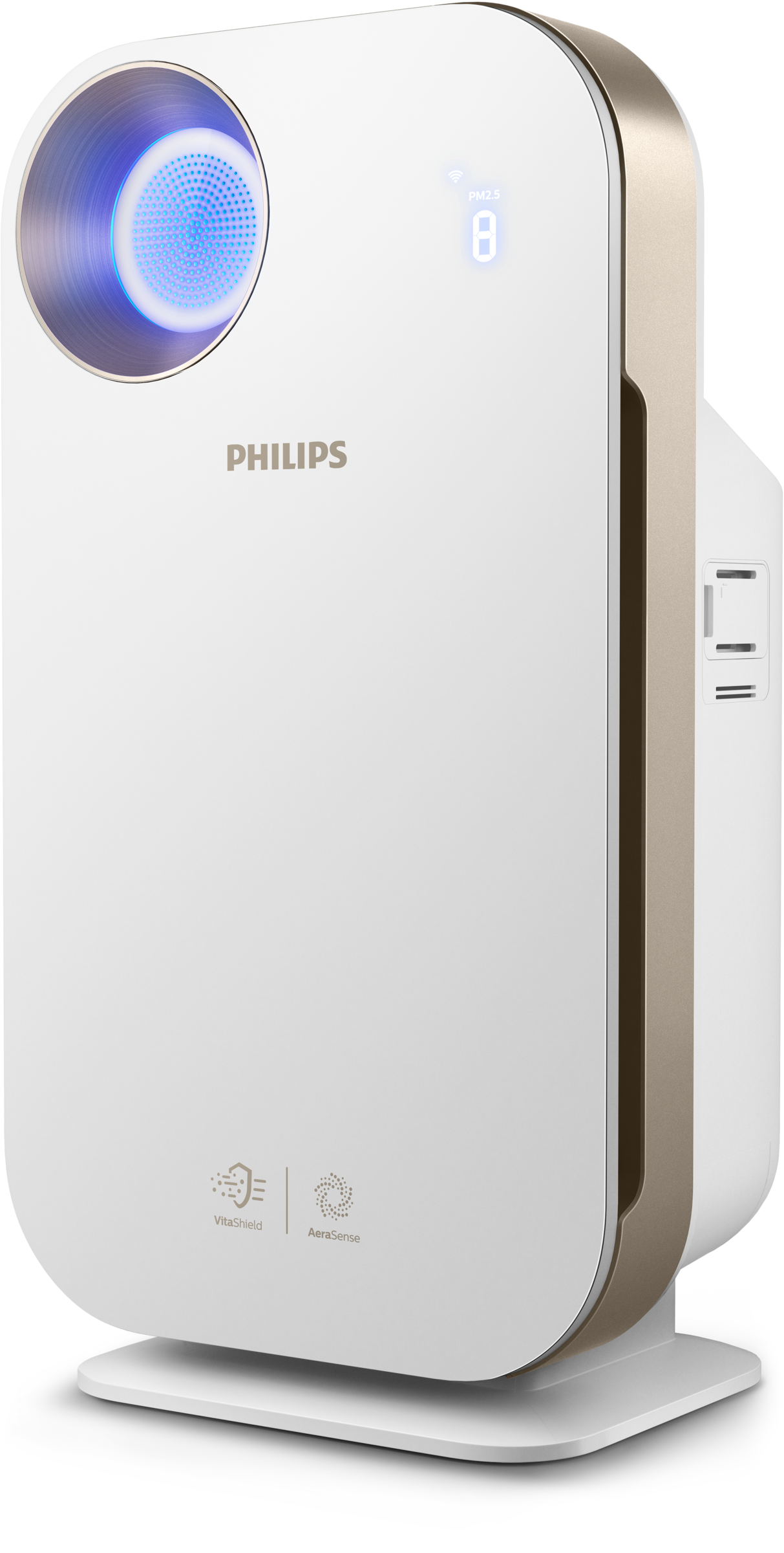 Biały oczyszczacz powietrza Philips ze złotym wykończeniem. Niebieskie światło u góry, ikony na dole.