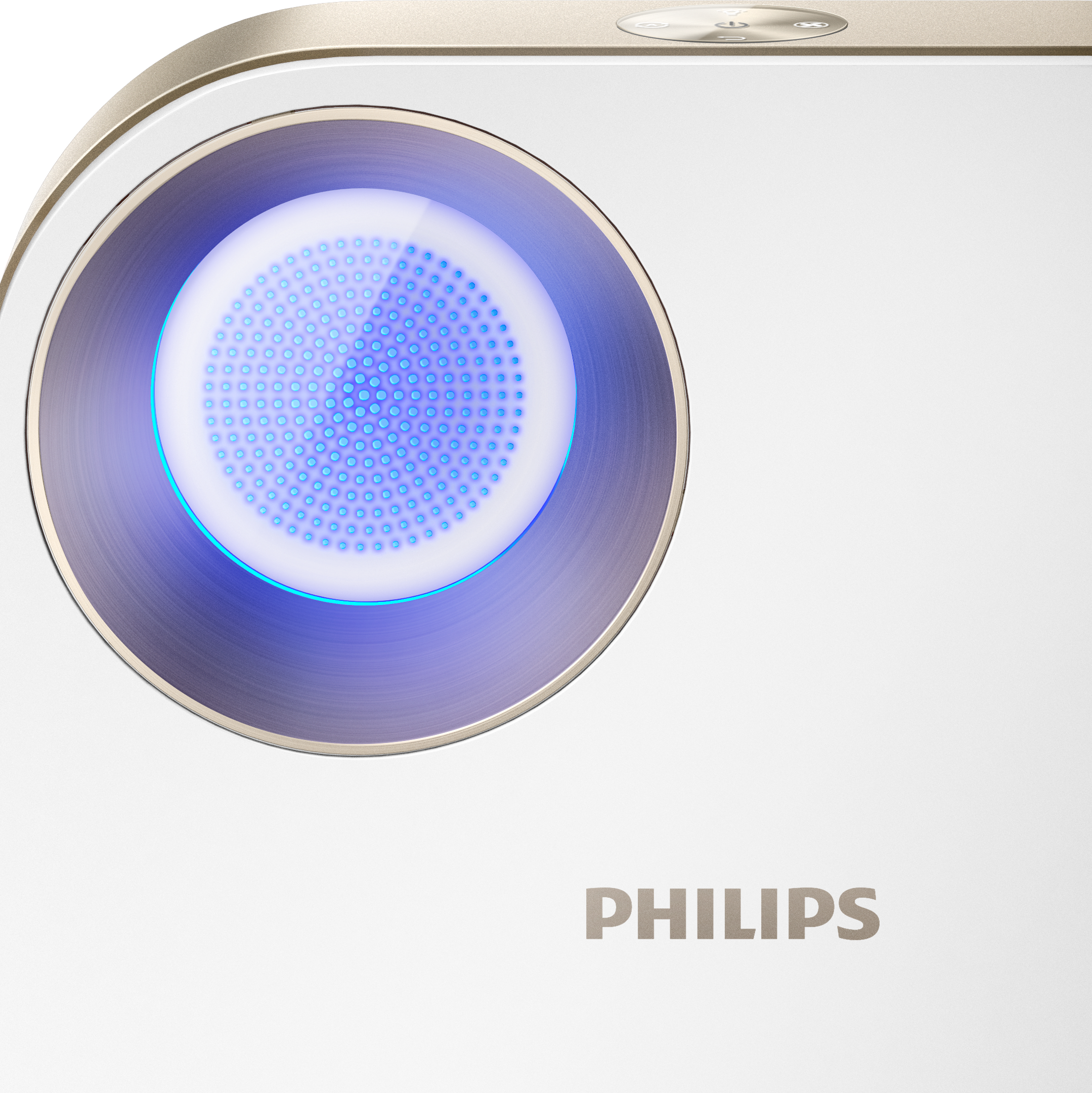 Biały głośnik Philips z niebieskim światłem emitowanym ze środka.