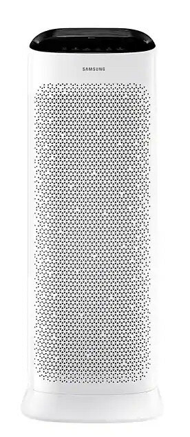 Biały oczyszczacz powietrza Samsung z czarnym blatem, przednią częścią w kratkę i małą podstawą.