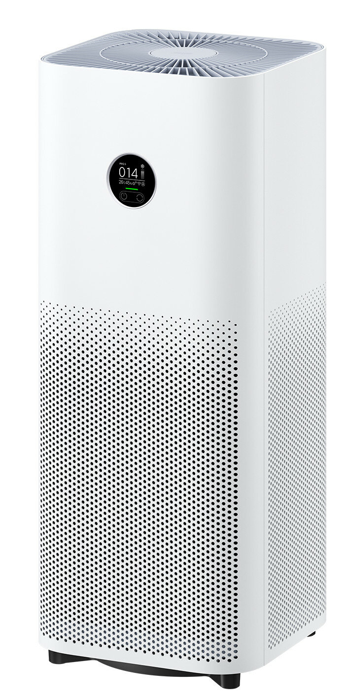 Biały oczyszczacz powietrza z wyświetlaczem. Ma perforowany przód i górny otwór wentylacyjny.