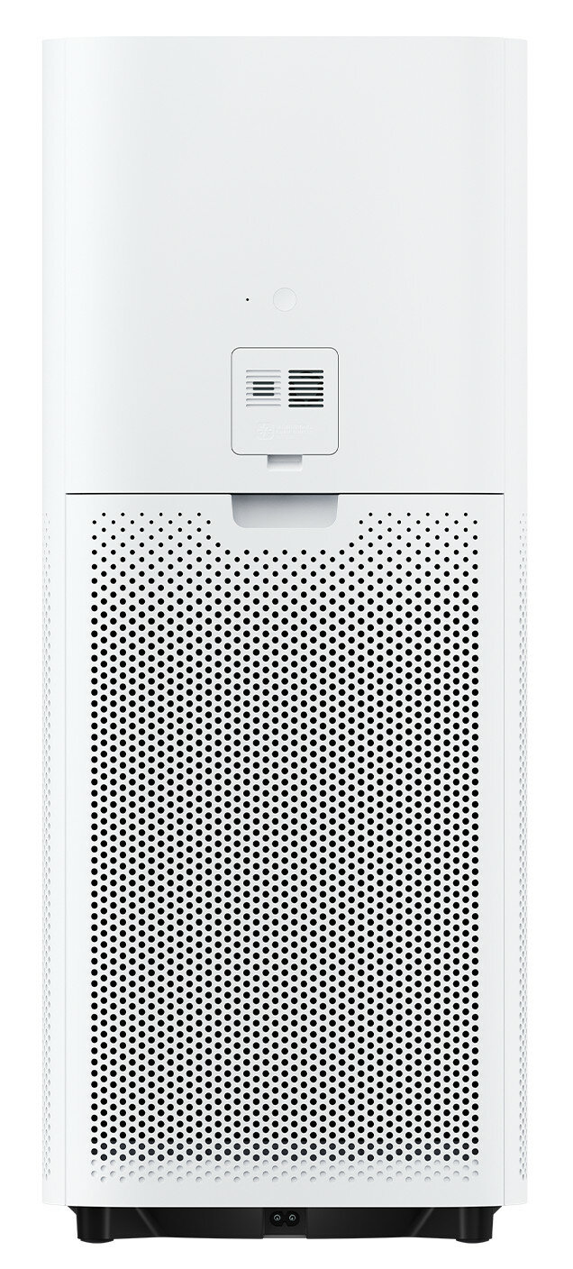 Biały oczyszczacz powietrza. Ma perforowany panel przedni, panel sterowania i mały ekran. Podstawa jest czarna.