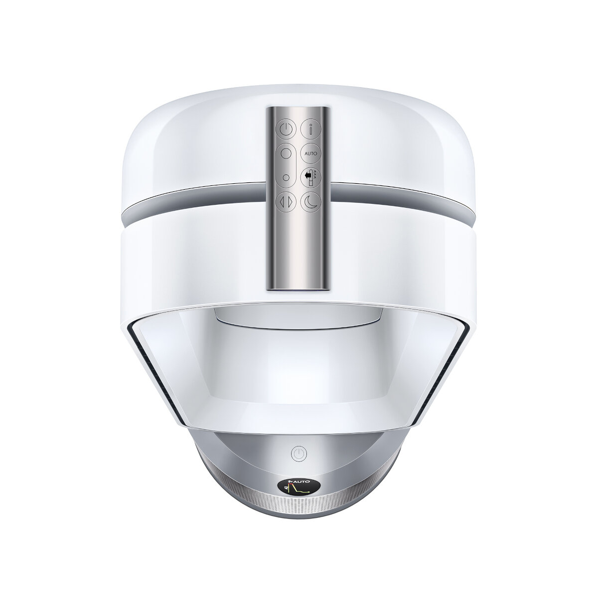 Biały oczyszczacz powietrza. Ma cylindryczną konstrukcję ze srebrnymi akcentami i przyciskami sterowania na górze.