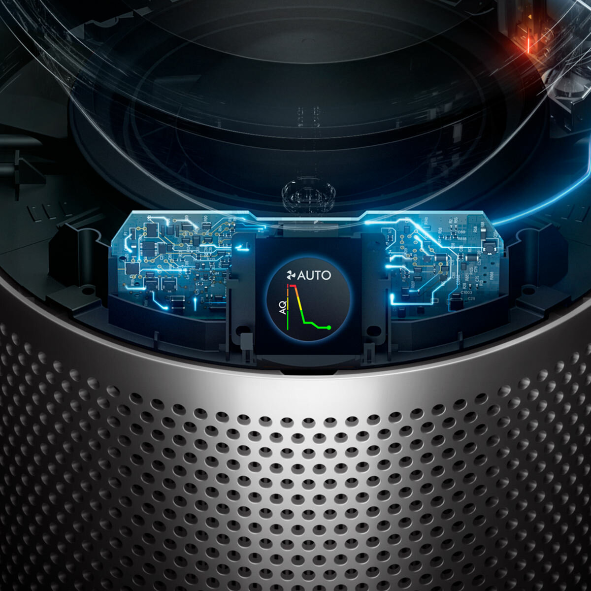 Zbliżenie srebrno-czarnego oczyszczacza powietrza z ekranem.