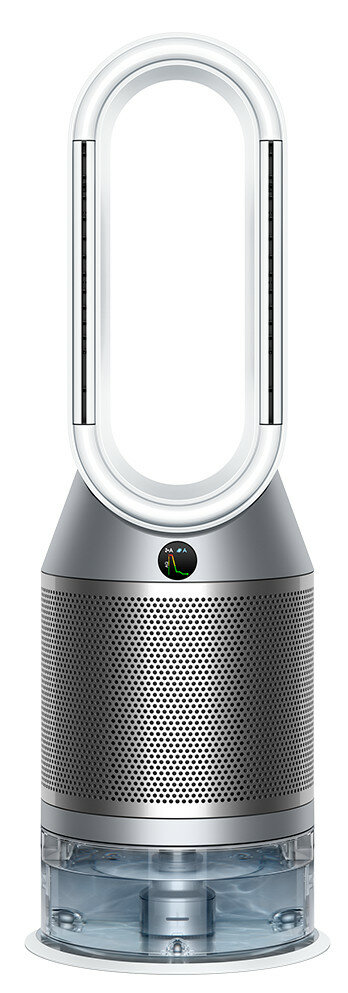 Biały i srebrny oczyszczacz powietrza Dyson, z pętlą u góry, cyfrowym wyświetlaczem i podstawą.