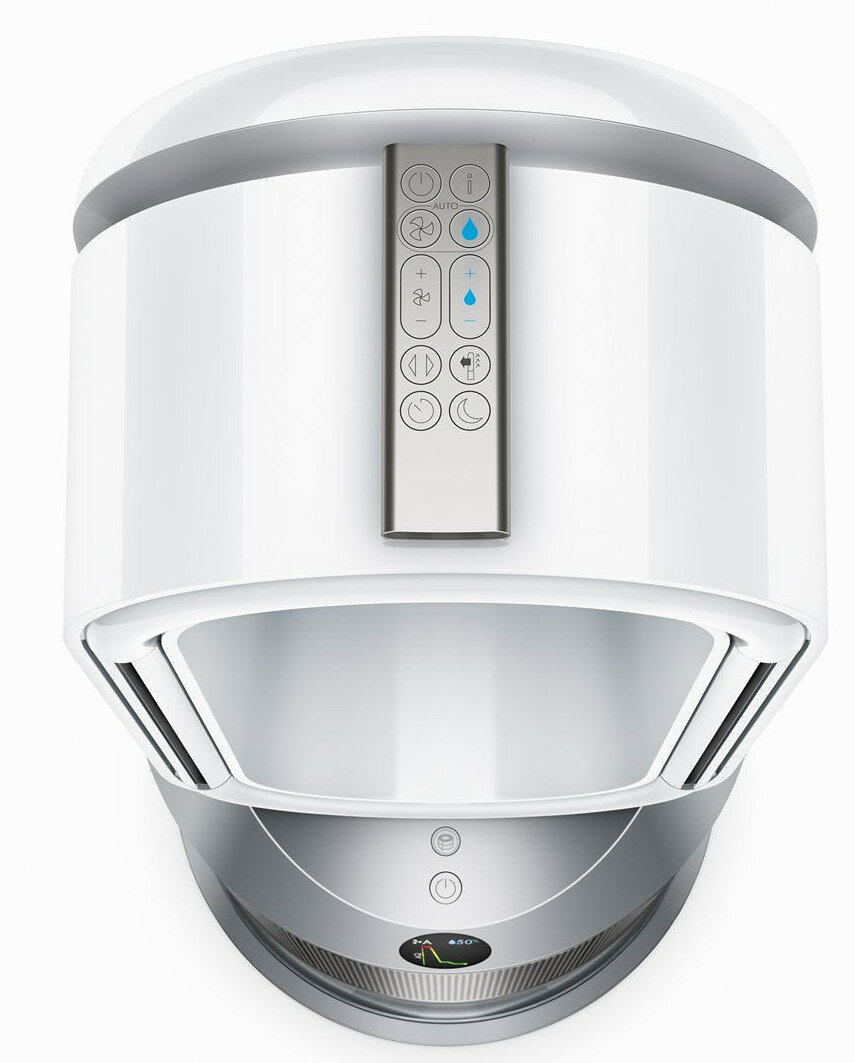 Biały oczyszczacz powietrza ze srebrnym panelem sterowania i podstawą, widok z góry.