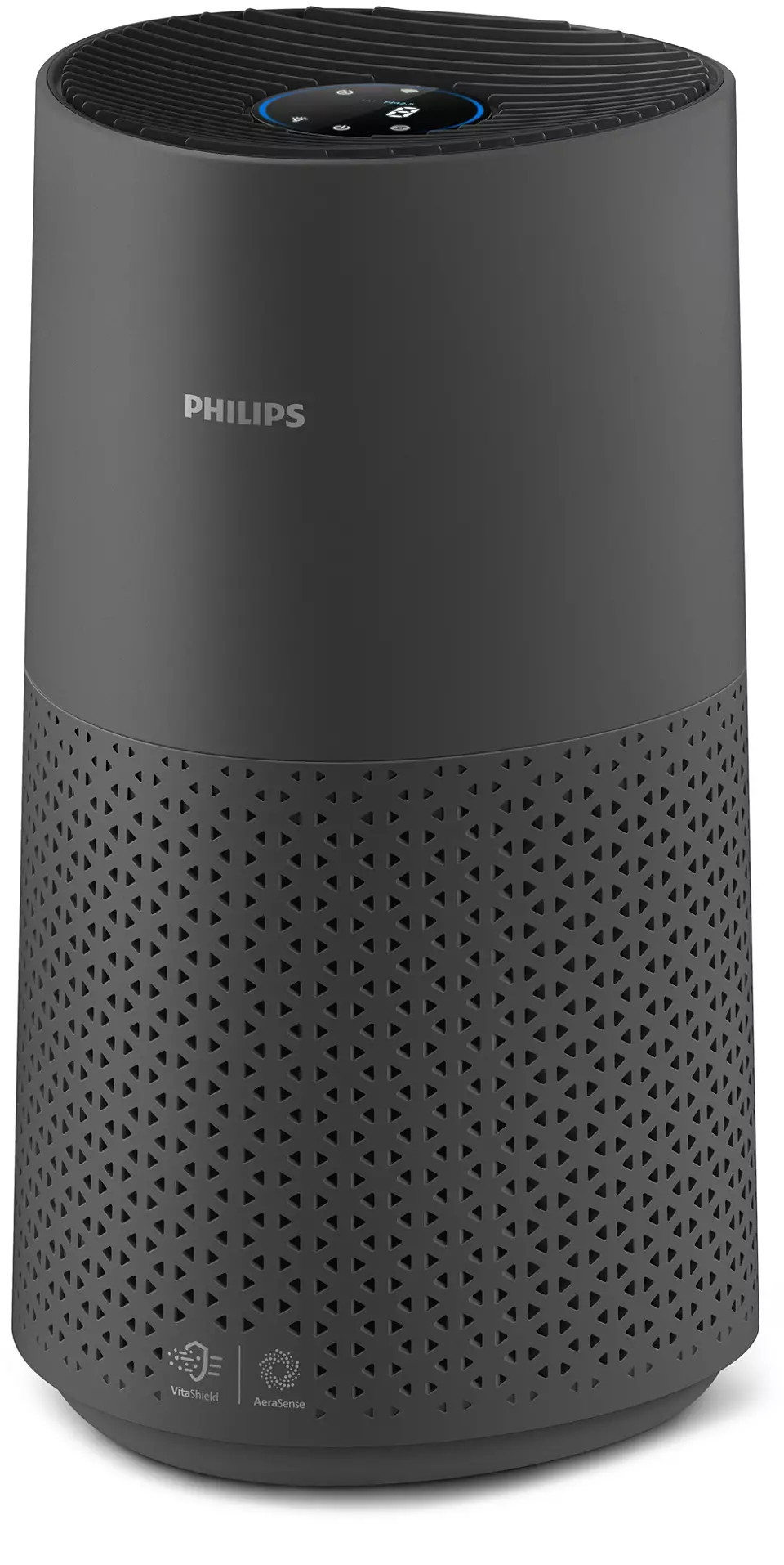 Ciemnoszary oczyszczacz powietrza Philips. Ma perforowaną dolną część i logo Philips z przodu.