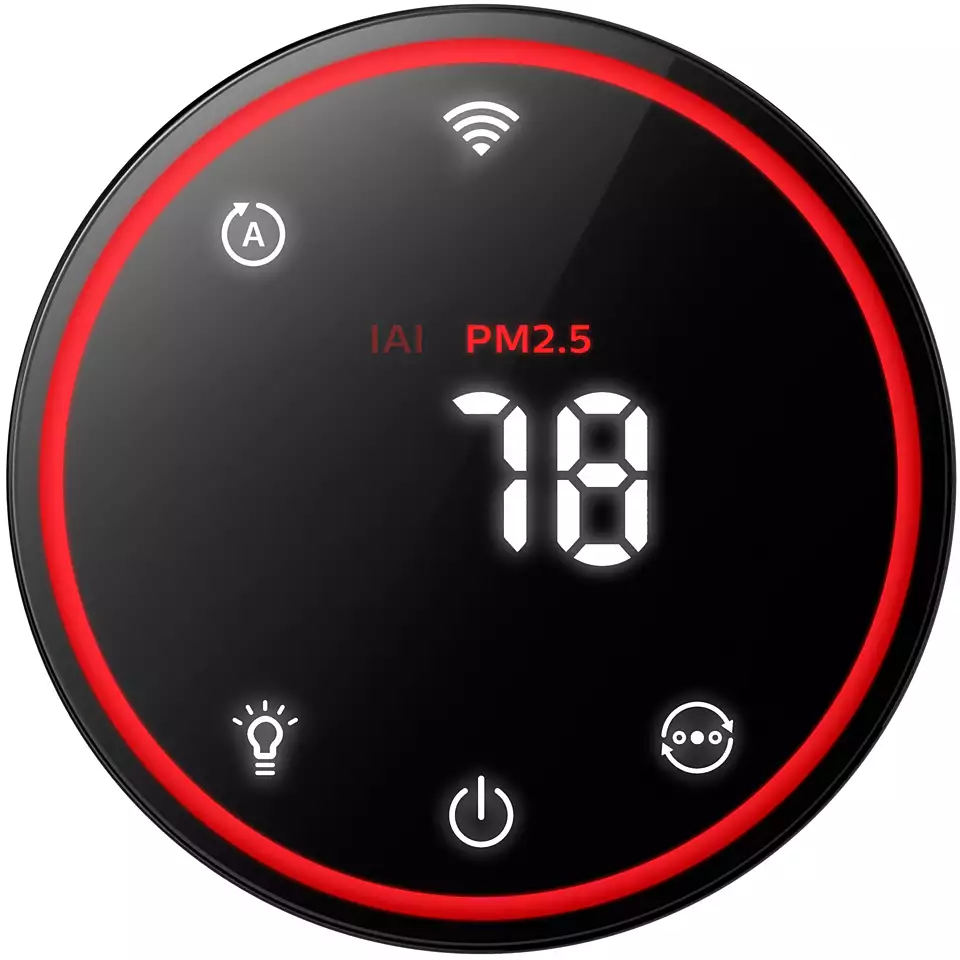 Czarny monitor jakości powietrza z czerwonym pierścieniem, wyświetlaczem z poziomem PM2.5 i ikonami sterowania.