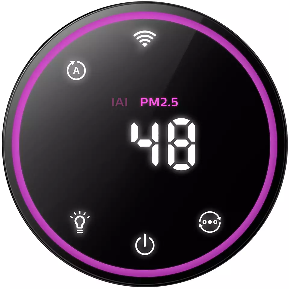 Czarny okrągły wyświetlacz z fioletową obwódką. Pokazuje WiFi, żarówkę i poziom PM2,5: 48.