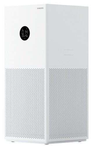 Biały oczyszczacz powietrza Xiaomi. Ma cyfrowy wyświetlacz. Przedni i boczne panele są perforowane.