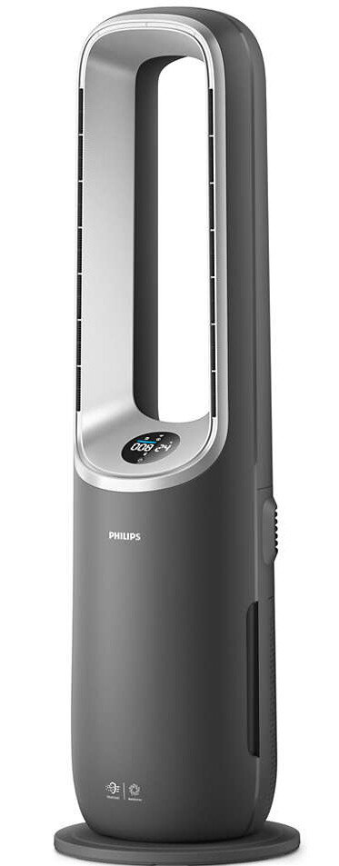 Ciemnoszary wentylator wieżowy ze srebrną ramą i cyfrowym wyświetlaczem.