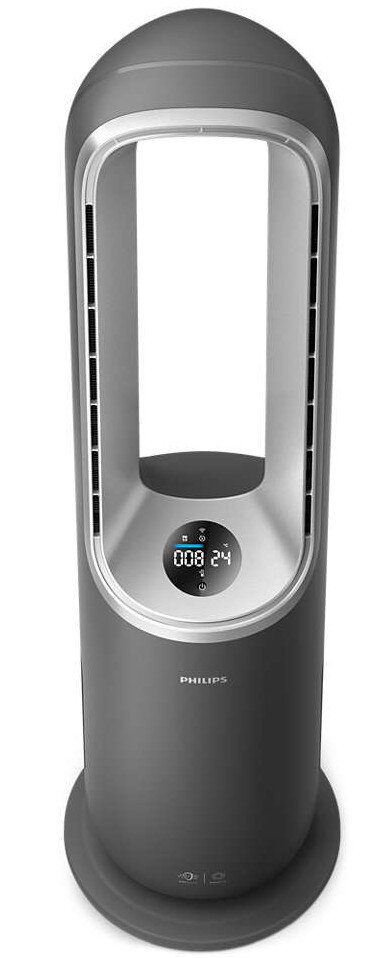 Wysoki, szary oczyszczacz powietrza Philips z cyfrowym wyświetlaczem na białym tle.