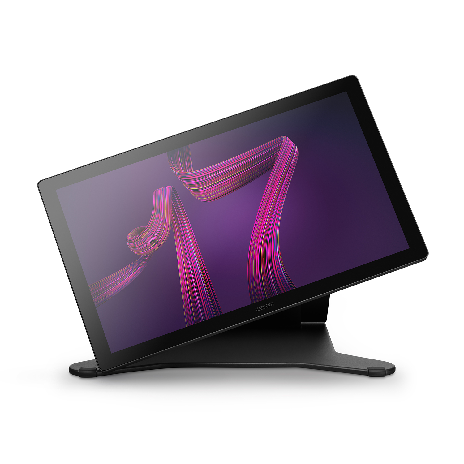 Tablet Wacom nero su supporto, schermo mostra un design astratto colorato. Sfondo bianco.