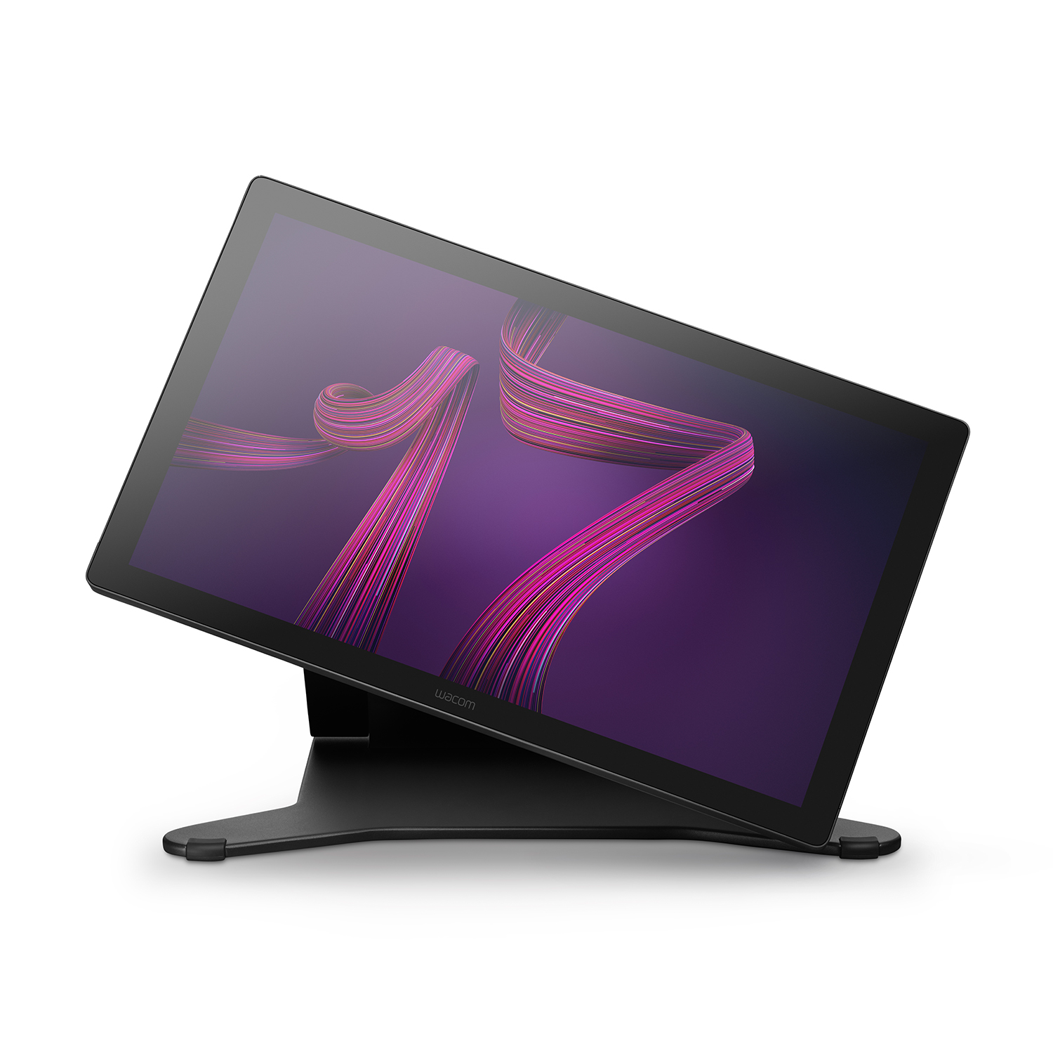 Tavoletta Wacom nera con schermo che mostra un design colorato, angolata su un supporto nero.