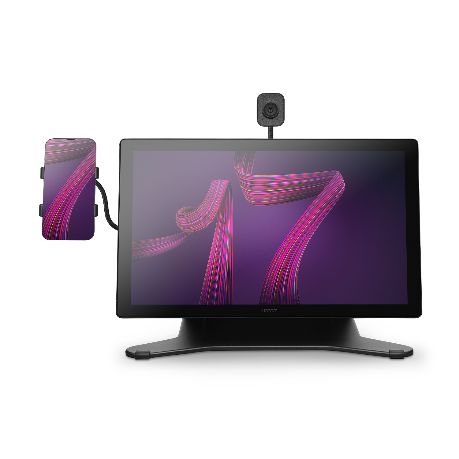 Tavoletta Wacom con schermo che mostra linee colorate, collegata a telefono e fotocamera.