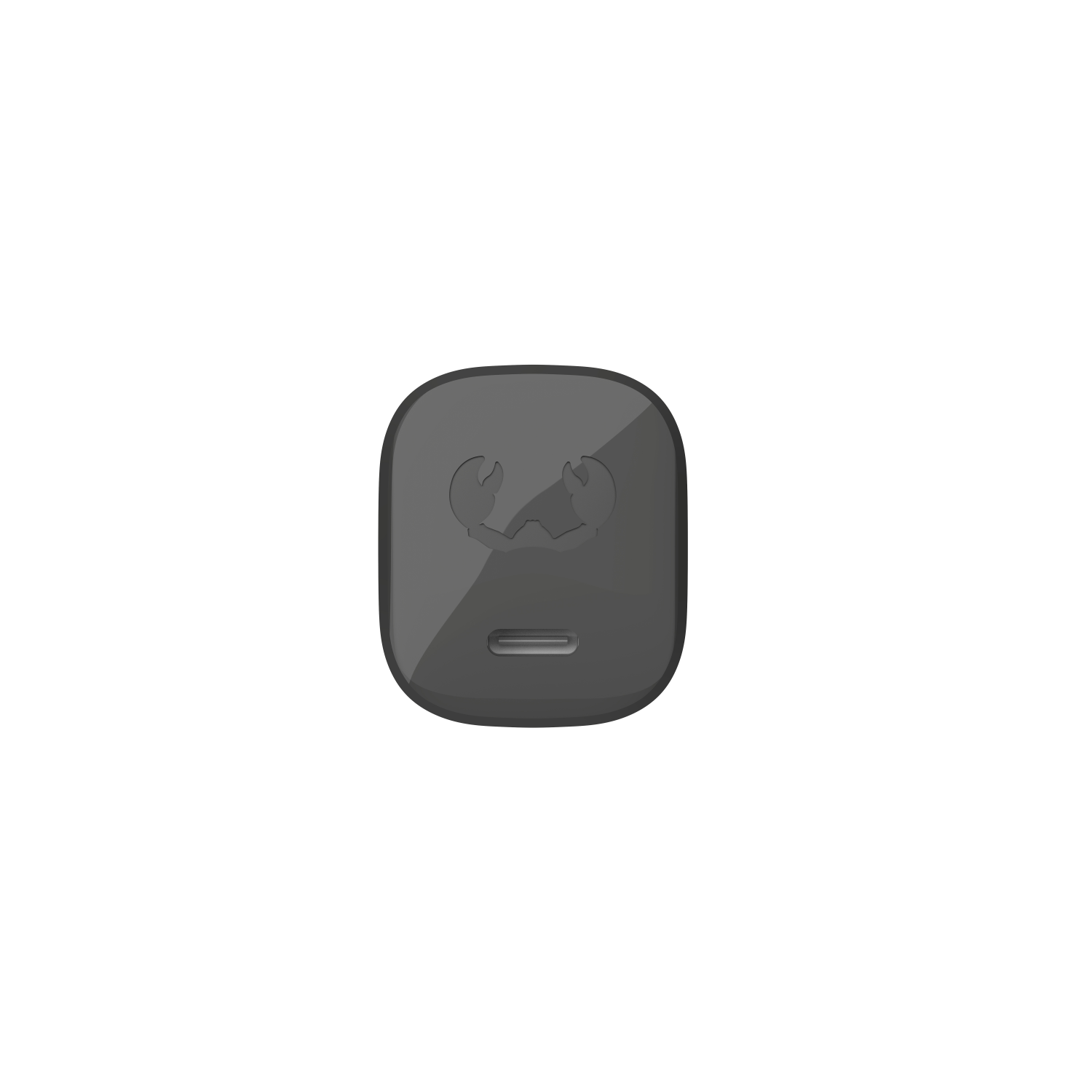 A small, gray, square device. It has a recessed button and an oval-shaped design.
