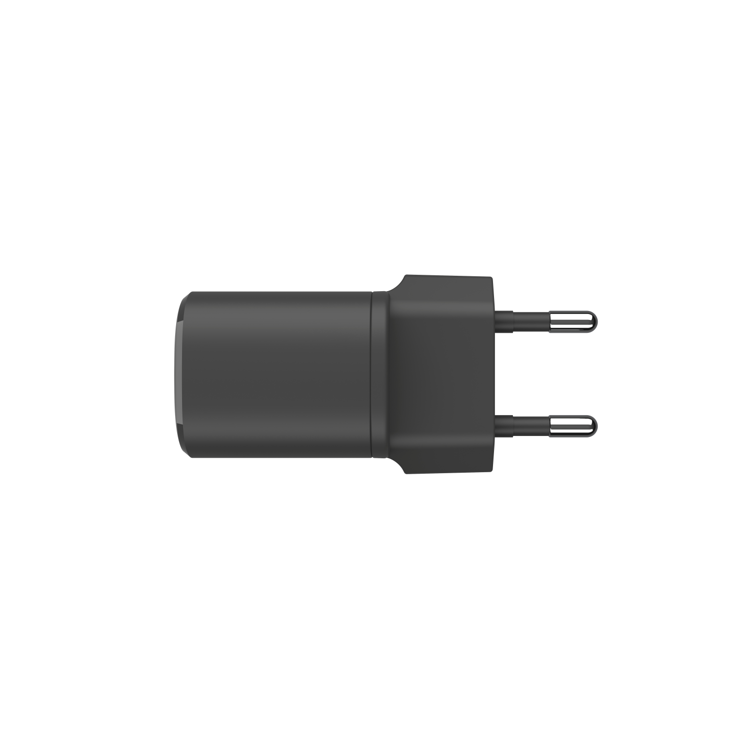 Black power adapter with two prongs, seen from above.