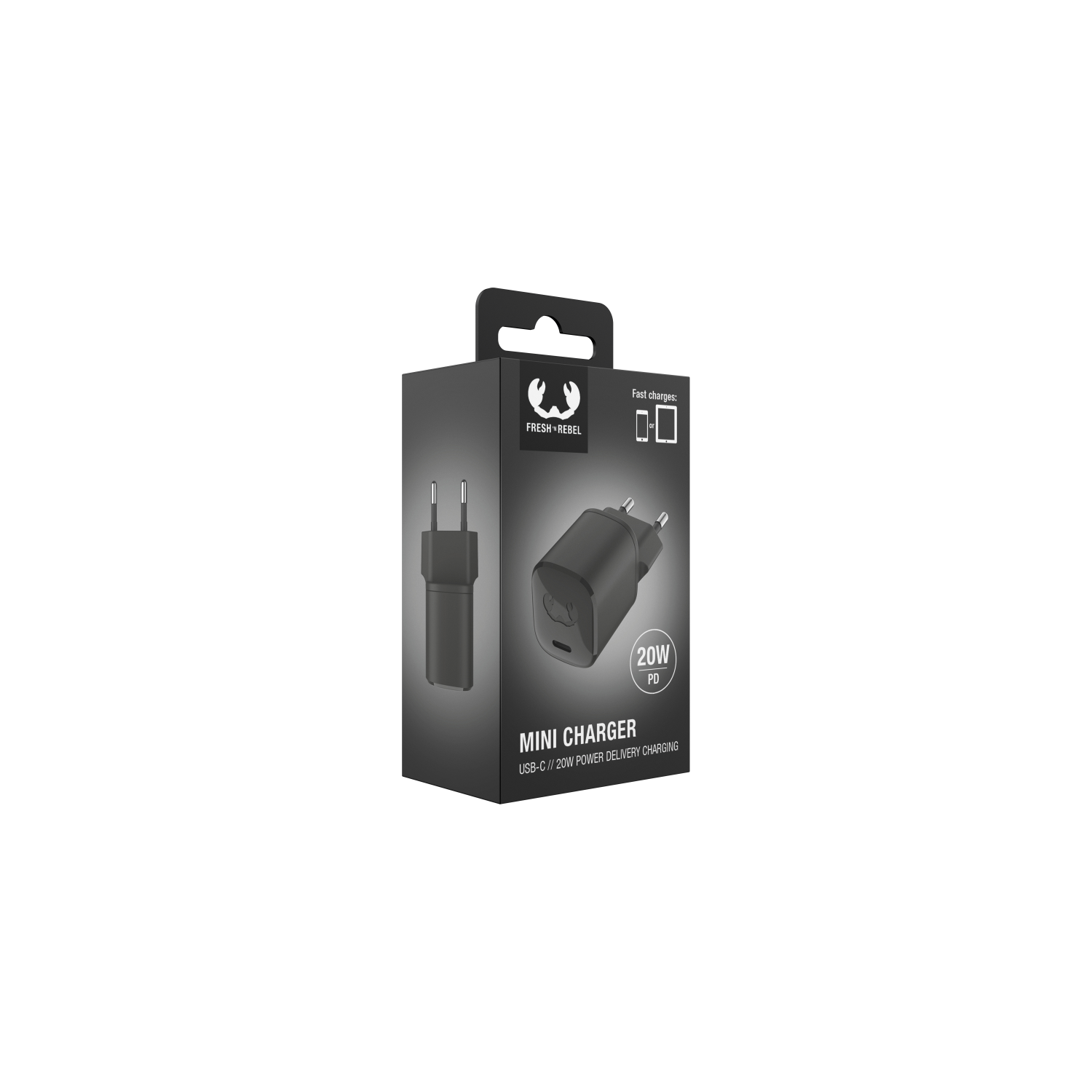 Boxed mini charger, image of the charger, and the words 'Mini Charger'.